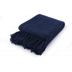 Chunky Knit Throw Blanket Navy Blue Soft Warm Cozy Bed Throw Blanket with Tassels Boho Style Textured Knitted Home Decorative Blanket for Couch Sofa &Bed 50"x60"