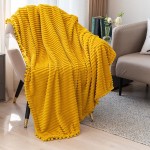 DISSA Flannel Blanket Super Soft Fluffy Blanket for Couch Sofa Bed Plush Fleece Blanket Comfy Blanket with Strip Cozy Throw Blanket Warm Blanket with Pompom Fringe Travel Blanket Yellow 51"x63"