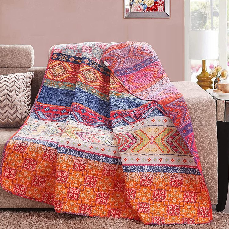 Exclusivo Mezcla Cotton Boho Stripe Quilted Throw Blanket Reversible Multicolored Quilt Blanket 50X60 Inch Machine Washable and Dryable