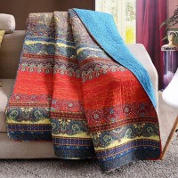 Exclusivo Mezcla Cotton Boho Stripe Quilted Throw Blanket Reversible Paisley Quilt Blanket 50X60 Inch Machine Washable and Dryable