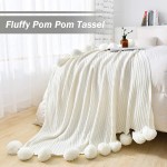 Fomoom Pom Pom Throw Blanket Knit Blanket with Pompom Tassels Decorative Cotton Blanket for Couch Sofa Bed Lightweight Pom Poms Knitted Blanket Off-White 39"x59"