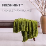 FRESHMINT Throw Blanket Soft Fluffy Chenille with Decorative Tassel Fringe for Home Decor Sofa Couch Bed Gift 60 x 50 Inch Green