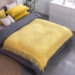 Knitted Throw Blanket for Couch 54 x 67 in Lightweight Boho Throw Blanket with Tassel Soft Acrylic Jacquard Diamond Throw Blanket for Bed Decorative Tightly Knitted Yellow Throw Blanket