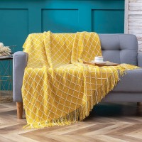 Knitted Throw Blanket for Couch 54 x 67 in Lightweight Boho Throw Blanket with Tassel Soft Acrylic Jacquard Diamond Throw Blanket for Bed Decorative Tightly Knitted Yellow Throw Blanket