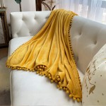 LOMAO Flannel Blanket with Pompom Fringe Lightweight Cozy Bed Blanket Soft Throw Blanket fit Couch Sofa Suitable for All Season 51x63 Mustard Yellow