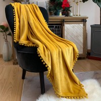 LOMAO Flannel Blanket with Pompom Fringe Lightweight Cozy Bed Blanket Soft Throw Blanket fit Couch Sofa Suitable for All Season 51x63 Mustard Yellow
