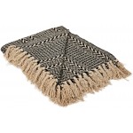 MOTINI 100% Cotton Decorative Blankets Cozy Black and Beige Throw Blankets Hand-Knitted Striped with Tassel for Sofa Couch 50 x 60 inch