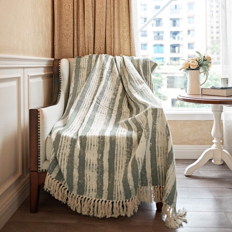 MOTINI 100% Cotton Decorative Throw Blanket Tassel Green and Beige Striped Throw Knitted Blanket Herringbone Fringe Elegant Throw for Couch Bed Sofa 50" x 60"