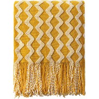 NTBAY Acrylic Knitted Throw Blanket Lightweight and Soft Cozy Decorative Woven Blanket with Tassels for Travel Couch Bed Sofa 51 x 67 Inches Mustard Yellow Wave