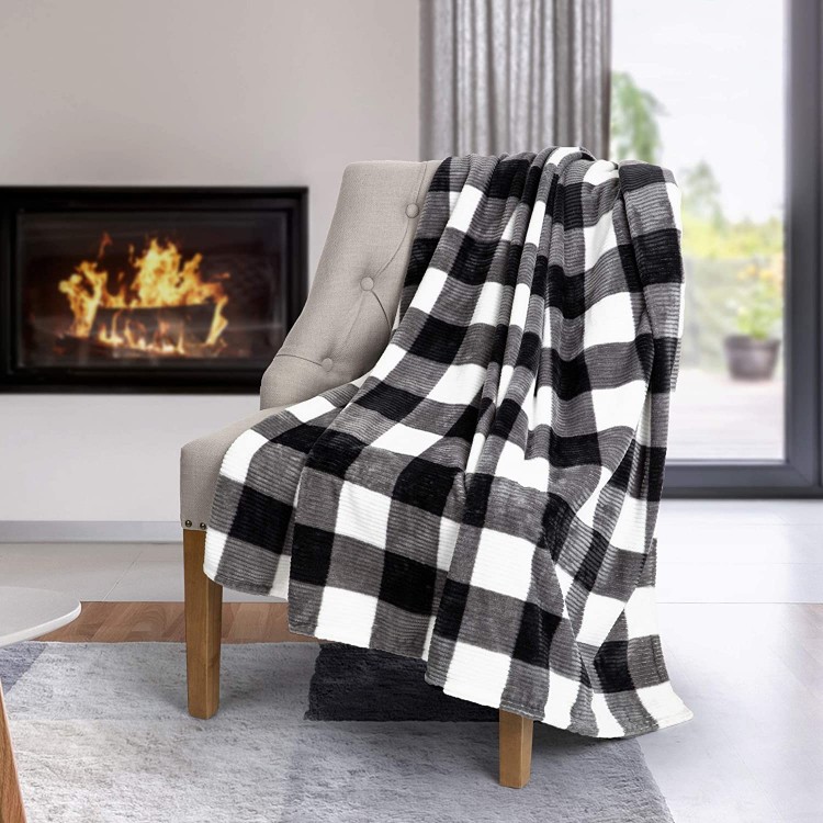 Safdie & Co. Flannel Printed Ribbed 48x60 White Plaid Ultra Soft Throw Black 65903.Z.06