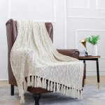 Solid Soft Cozy Cable Knitted Blanket Throw Lightweight Decorative Textured Cream Throw Blanket with Fringes for Couch Chairs Bed Sofa,Beige 50"x 60"