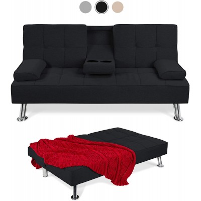 Best Choice Products Linen Upholstered Modern Convertible Folding Futon Sofa Bed for Compact Living Space Apartment Dorm Bonus Room w Removable Armrests Metal Legs 2 Cupholders Black