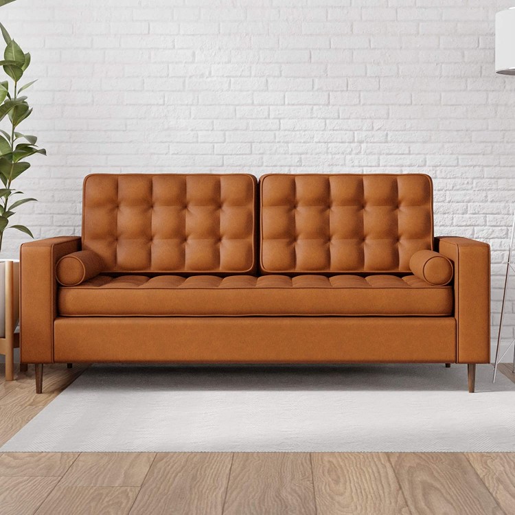 Edenbrook Lynnwood Upholstered Sofa with Square Arms and Tufting-Bolster Throw Pillows Included Camel Faux Leather