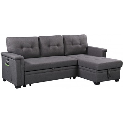 Lilola Home Reversible Sleeper Sectional Sofa with Storage Chaise and Pocket Dark Gray