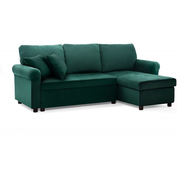 Sleemon Sectional Sofa Pull Out Bed Sleeper Chaise Lounge & Storage Convertible Couch for Living Room L-Shape Velvet Sleeper Sofa Bed Two Pillows are Included（Green）