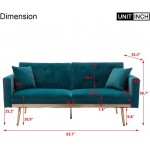 Velvet Futon Sofa Bed with 5 Golden Metal Legs Sleeper Sofa Couch with Two Pillows Convertible Loveseat for Living Room and Bedroom Teal