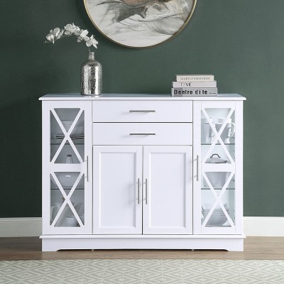 BELLEZE Wood 47 Inch Sideboard Buffet Storage Cabinet Console Sofa Table Kitchen Dining Room Home Decor Modern Farmhouse Style Entryway Coffee Bar Display Hutch Ryland White