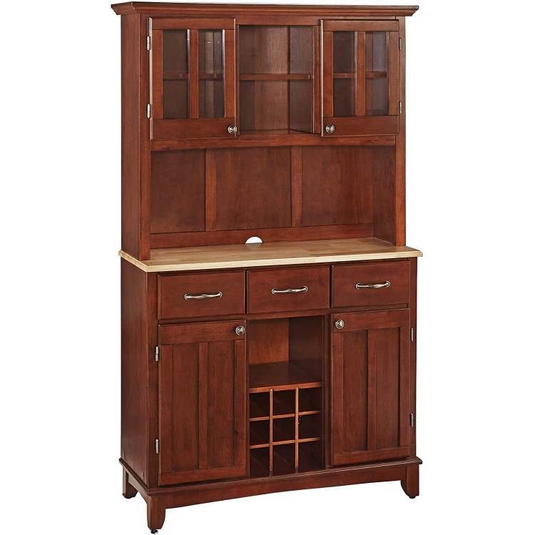 Home Styles Large Buffet of Buffets and Hutch with Cherry Finish with Natural Wood Top Three Utility Drawers Two Framed Cabinet Doors Optional Wine Storage Plexiglas Doors Plenty of Adjustable Storage