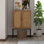 Natural Rattan Sideboard Buffet Storage Accent Cabinet with 2 Magnetic Door Sideboard Buffet Cupboard Accent Cabinet Built-in Adjustable Shelf Iron Bracket US Delivery High Leg Rattan