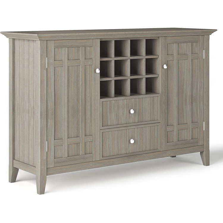 SIMPLIHOME Bedford Solid Pine Wood 54 inch Rustic Sideboard Buffet Credenza in Distressed Grey features 2 Doors 2 Drawers and 2 Cabinets with 12 Bottle Wine Storage Rack