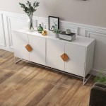 White Sideboard Cabinet Buffet Storage Cabinet 4 Doors Kitchen Storage Cabinet Entryway Cupboard Furniture with Solid Wood Handle and Square Metal Legs