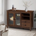 Yokstore Rustic Farmhouse Kitchen Buffet Sideboard Dining Room Storage Cabinet with Glass Doors 2 Drawers and Open Compartments Wood Console Table with Cupboard for Living Room Walnut Brown