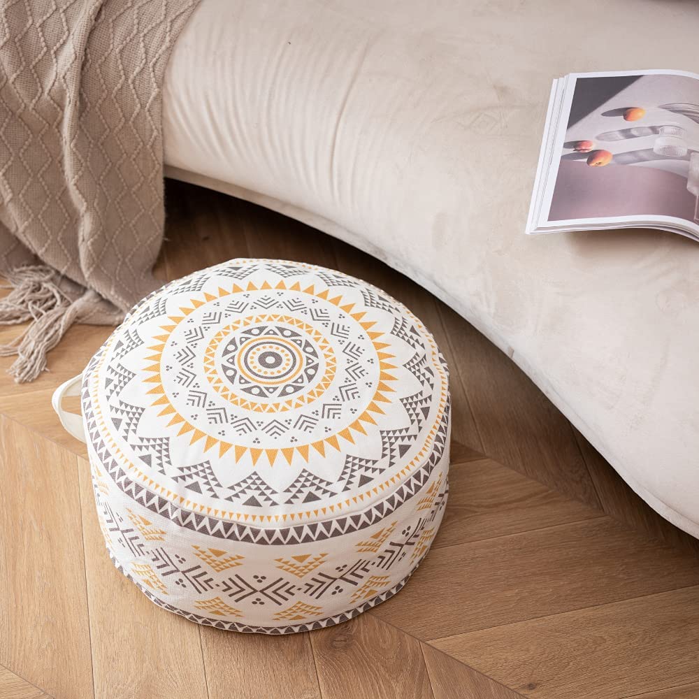 Abound Lifestyle Indoor Outdoor Pouf Ottoman Cover Unstuffed Boho Ottoman Storage Ottoman Patio Foot Rest Floor Cushion Cover Living Room Storage Boho Pouf Cover ONLY Yellow 18’’x18’’x8’’