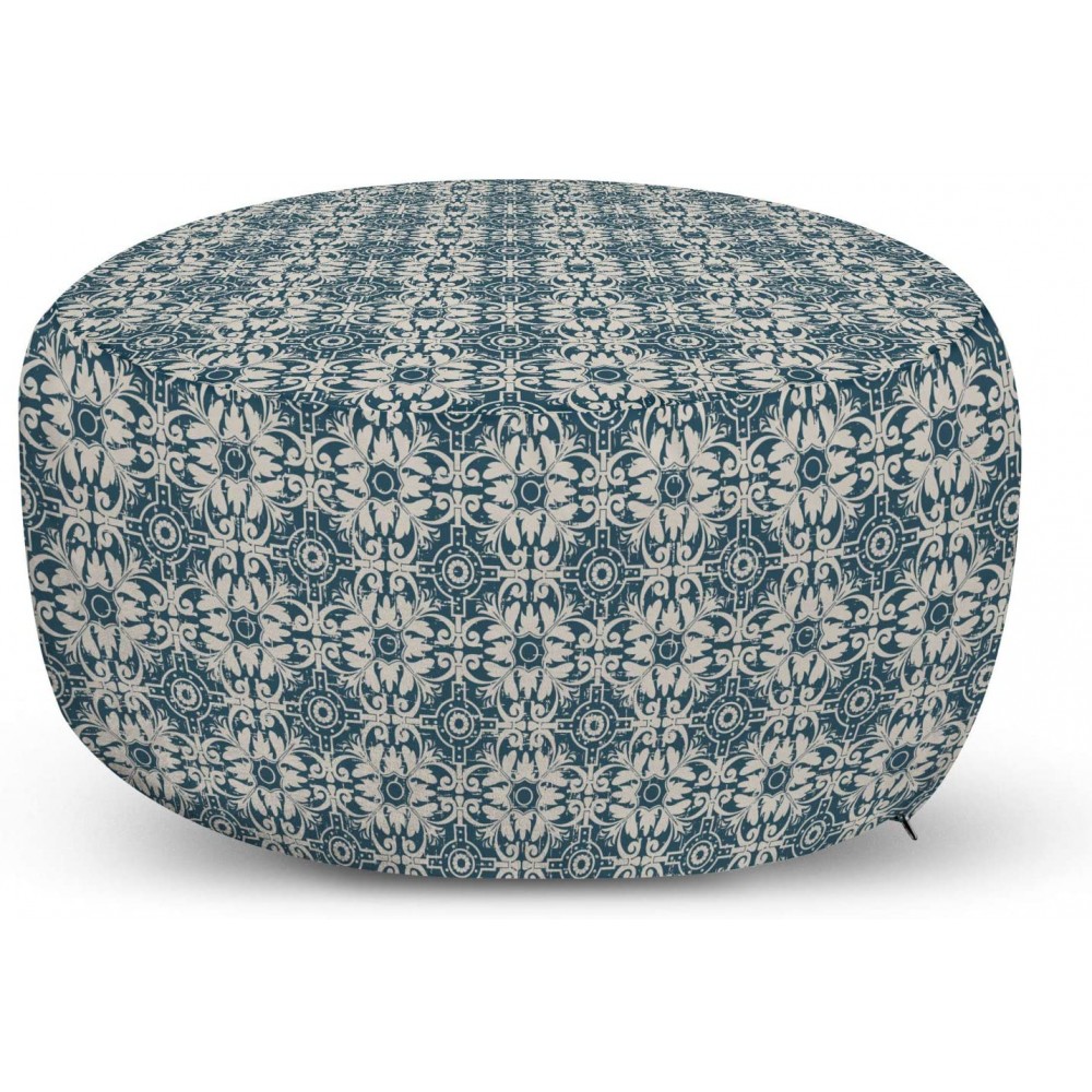 Ambesonne Azulejo Ottoman Pouf Shabby Antique Portuguese Moroccan Mosaic Tiles in Classic Victorian Grunge Decorative Soft Foot Rest with Removable Cover Living Room and Bedroom Pale Tan Dark Teal
