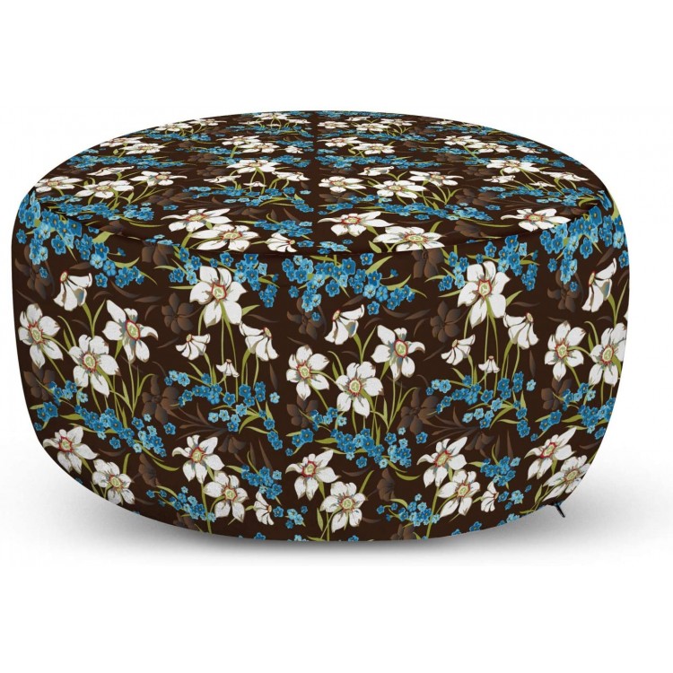 Ambesonne Brown and Blue Pouf Cover with Zipper Daffodils Cornflowers Pattern Nature Inspired Floral Bouquet Design Soft Decorative Fabric Unstuffed Case 30" W X 17.3" L Brown Blue Green