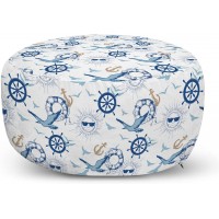 Ambesonne Marine Ottoman Pouf Repetitive Sailing Themed Nautical Pattern of Sun Anchor Rudder and Seagulls Decorative Soft Foot Rest with Removable Cover Living Room and Bedroom White Blue Almond