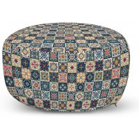Ambesonne Moroccan Ottoman Pouf Portuguese Azulejo Checkered Squares Colorful Pattern Floral Arrangement Decorative Soft Foot Rest with Removable Cover Living Room and Bedroom Blue Amber