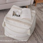 Boho Neutral Decorative Square Unstuffed Pouf Braided Handwoven Casual Ottoman Pouf Cover with Tassels and Cute Soft Tufted Footrest Cushion for Bedroom Living Room 18" x18”x16