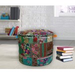 DK Homewares Indian Vintage Patchwork Pouffe Floor Cushion Dark Green Round Foot Rest Living Room Cotton Embroidered Hassock Pouf Ottoman Cover Floral Traditional 22x22x14