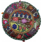 DK Homewares Indian Vintage Patchwork Pouffe Floor Cushion Dark Green Round Foot Rest Living Room Cotton Embroidered Hassock Pouf Ottoman Cover Floral Traditional 22x22x14