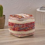 Great Deal Furniture Ivy Boho Wool and Cotton Ottoman Pouf Multicolored and White