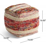 Great Deal Furniture Ivy Boho Wool and Cotton Ottoman Pouf Multicolored and White