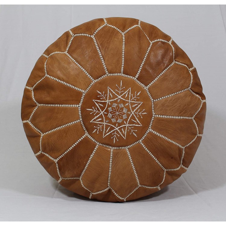 Handmade Morocco Moroccan Leather Pouf Ottoman Tan Brown White Stitches Hassock & Large Ottoman Footstool Cover Pouf Unstuffed