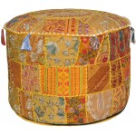 khushvin Home Decorative Round Ottoman Pouf Cover Yellow Traditional Living Room Foot Stool Chair Indian Handmade Floor Ottoman Cover Vintage Cotton Cushion Cover Embroidered Patchwork Ottoman Pouf