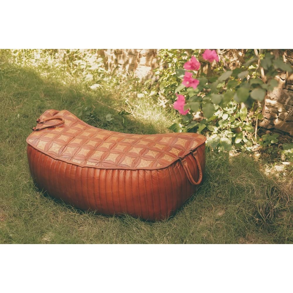 leatherooze Connor Pears Shaped Pouf Footstool unStuffed Upholstered in Distressed Brown Leather for The Living Room Bedroom and Kids Room Transitional Modern 45*45*18 inches
