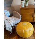 Moroccan Leather Pouf Ottoman Foot Rest – Handmade Ottoman Leather Pouf – Genuine Leather Boho Round Ottoman Pouf Crafted by Moroccan Artisans – 21 x 13 inch Mustard Unstuffed