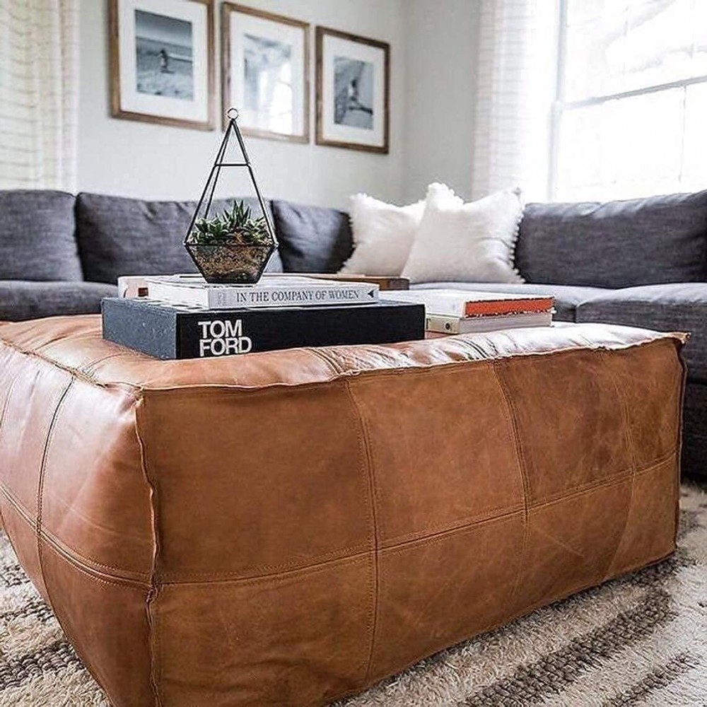 NATURALS EXPORT Pouf Cover Rectangle & Large Ottoman Leather Cover Pouf Bohemian Living Room Decor Vegan-Friendly Pouf- Hassock & Ottoman Footstool Unstuffed 25 Inches