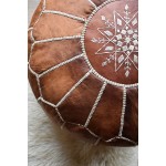 Premium Moroccan Leather Pouf Handmade Delivered Stuffed Ottoman Footstool Floor Cushion Cognac Brown
