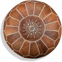 Premium Moroccan Leather Pouf Handmade Delivered Stuffed Ottoman Footstool Floor Cushion Cognac Brown