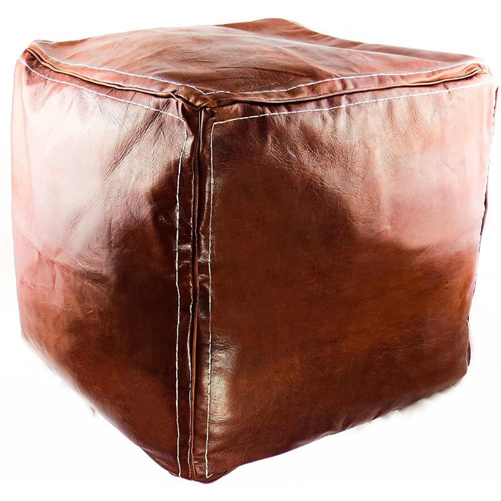 Sahel Souk Square Leather Ottoman | Unstuffed Moroccan Pouf Genuine Goatskin Leather | Dark Brown Leather Ottoman Hassock & Footstool | Made in Morocco