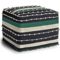 SIMPLIHOME Barker Boho Square Woven Outdoor  Indoor Pouf in Navy,Teal and White Recycled PET Polyester for the Living Room Family Room Bedroom and Kids Room
