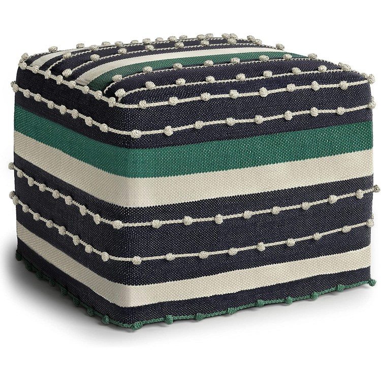 SIMPLIHOME Barker Boho Square Woven Outdoor  Indoor Pouf in Navy,Teal and White Recycled PET Polyester for the Living Room Family Room Bedroom and Kids Room
