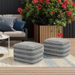 SIMPLIHOME Corrie Boho Square Woven Outdoor  Indoor Pouf in Navy and White Recycled PET Polyester for the Living Room Family Room Bedroom and Kids Room