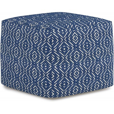 SIMPLIHOME Graham Square Pouf Footstool Upholstered in Patterned Blue Natural Hand Woven Cotton for the Living Room Bedroom and Kids Room Transitional Boho
