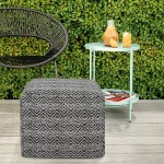 SIMPLIHOME Hendrik Boho Square Woven Outdoor  Indoor Pouf in Grey Black Recycled PET Polyester for the Living Room Family Room Bedroom and Kids Room