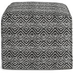 SIMPLIHOME Hendrik Boho Square Woven Outdoor  Indoor Pouf in Grey Black Recycled PET Polyester for the Living Room Family Room Bedroom and Kids Room